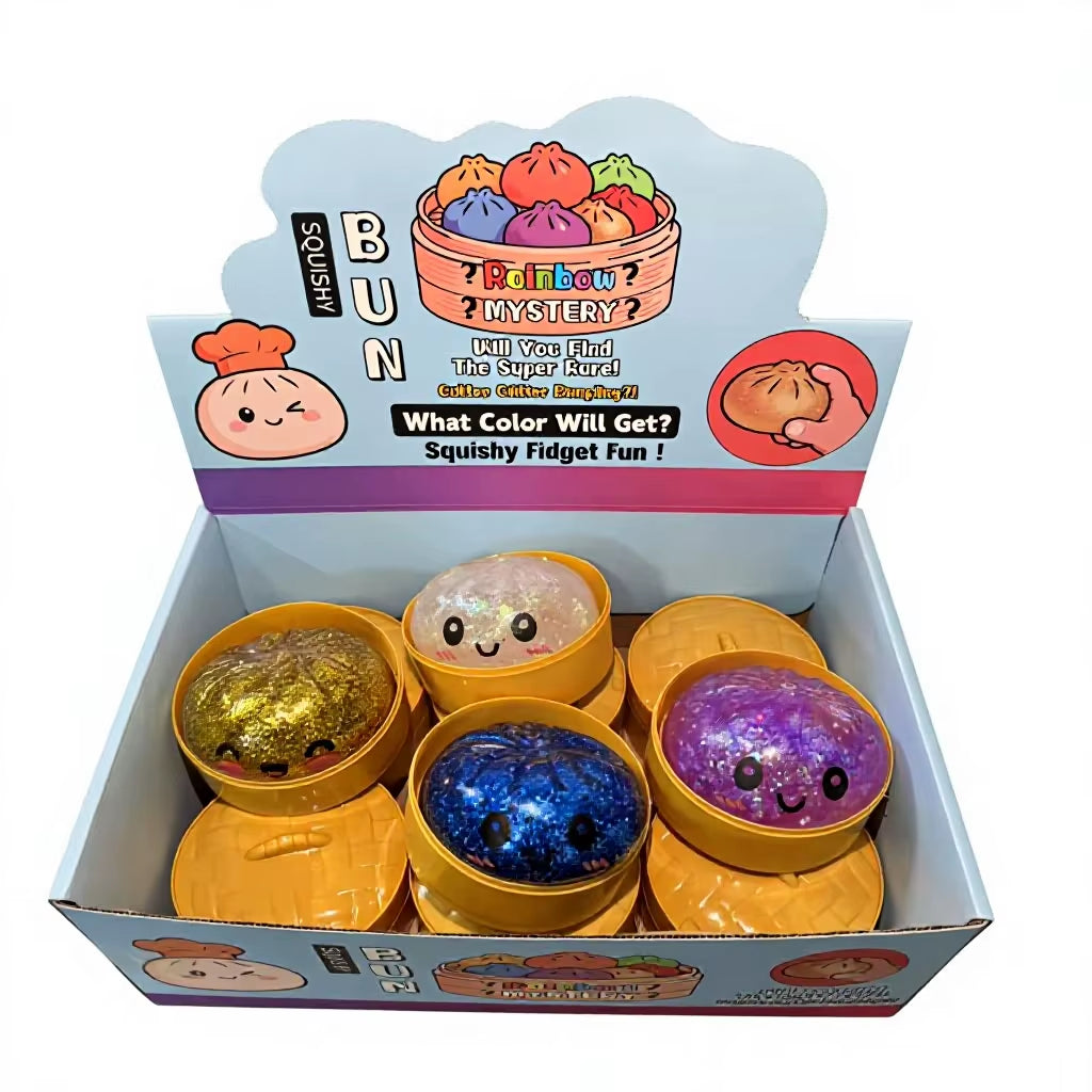 Glitter Colorful Squishy Dumpling Fidget Sensory Toy Set with Mini Food Steamer for All Ages