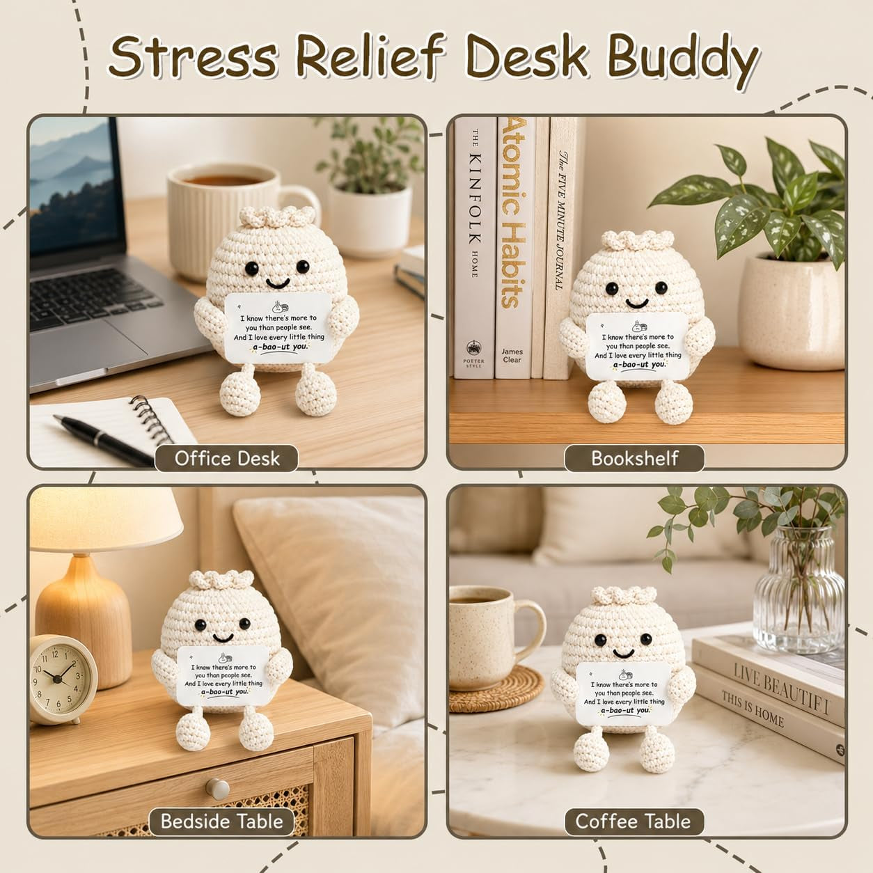 Emotional Support Crochet Dumpling, Inspirational Gifts for Women, Cute Squishy Plush with Encouraging Message, Stress Relief Desk Buddy for Friends Coworkers Girlfriend